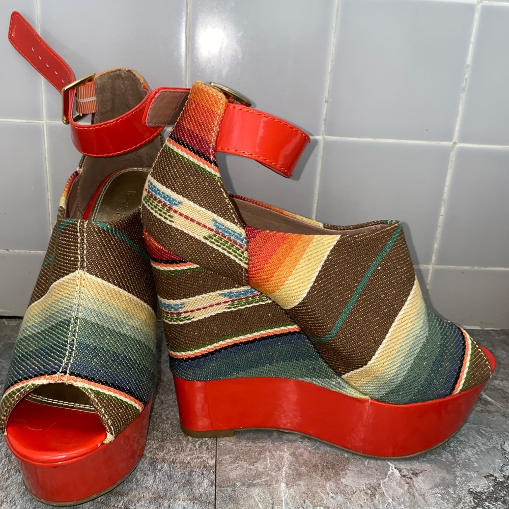 Orange peep toe high wedges size 8
